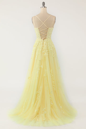 Gul Spaghetti stropper Prom Kjole
